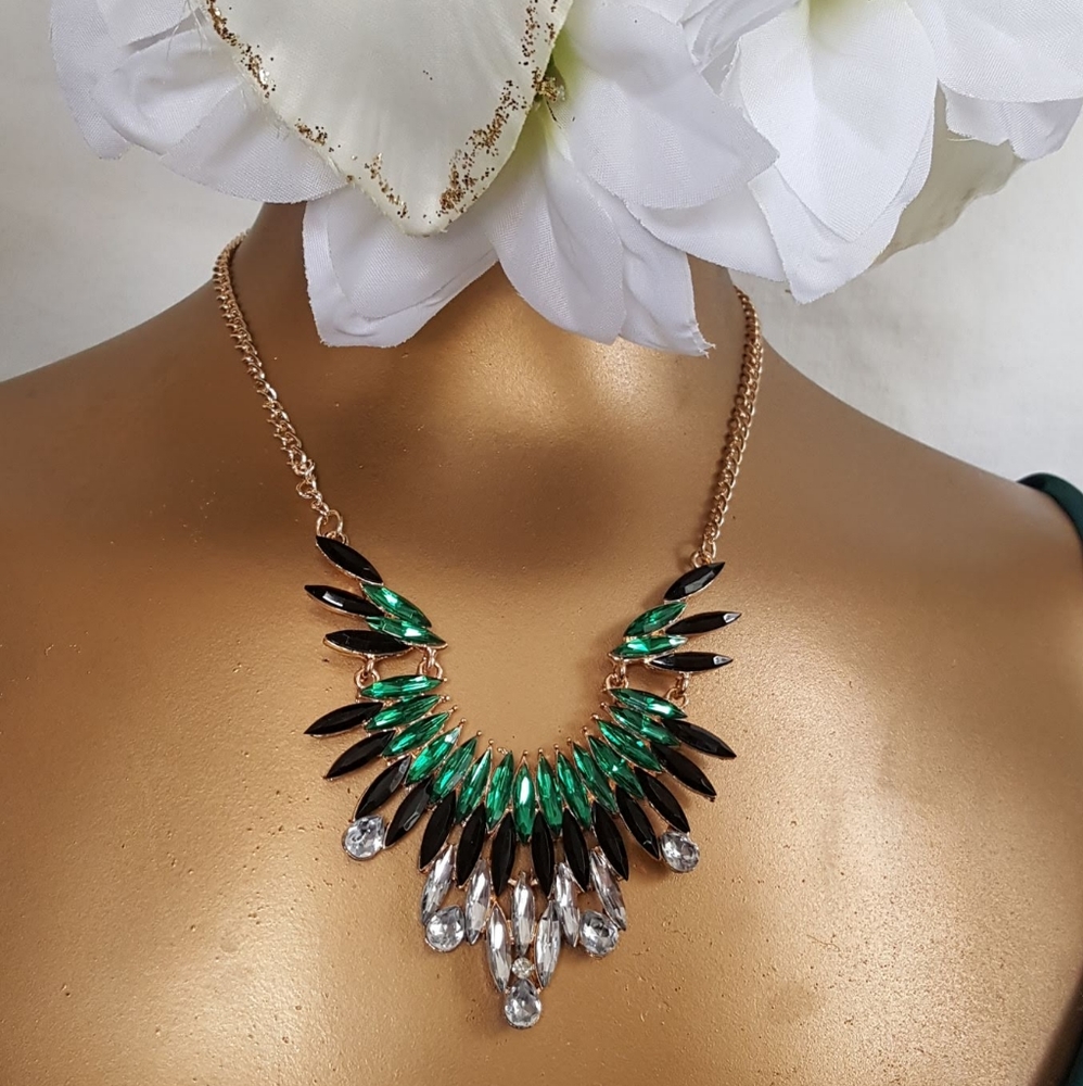 Beautiful Green, black, white Rhinestone Necklace